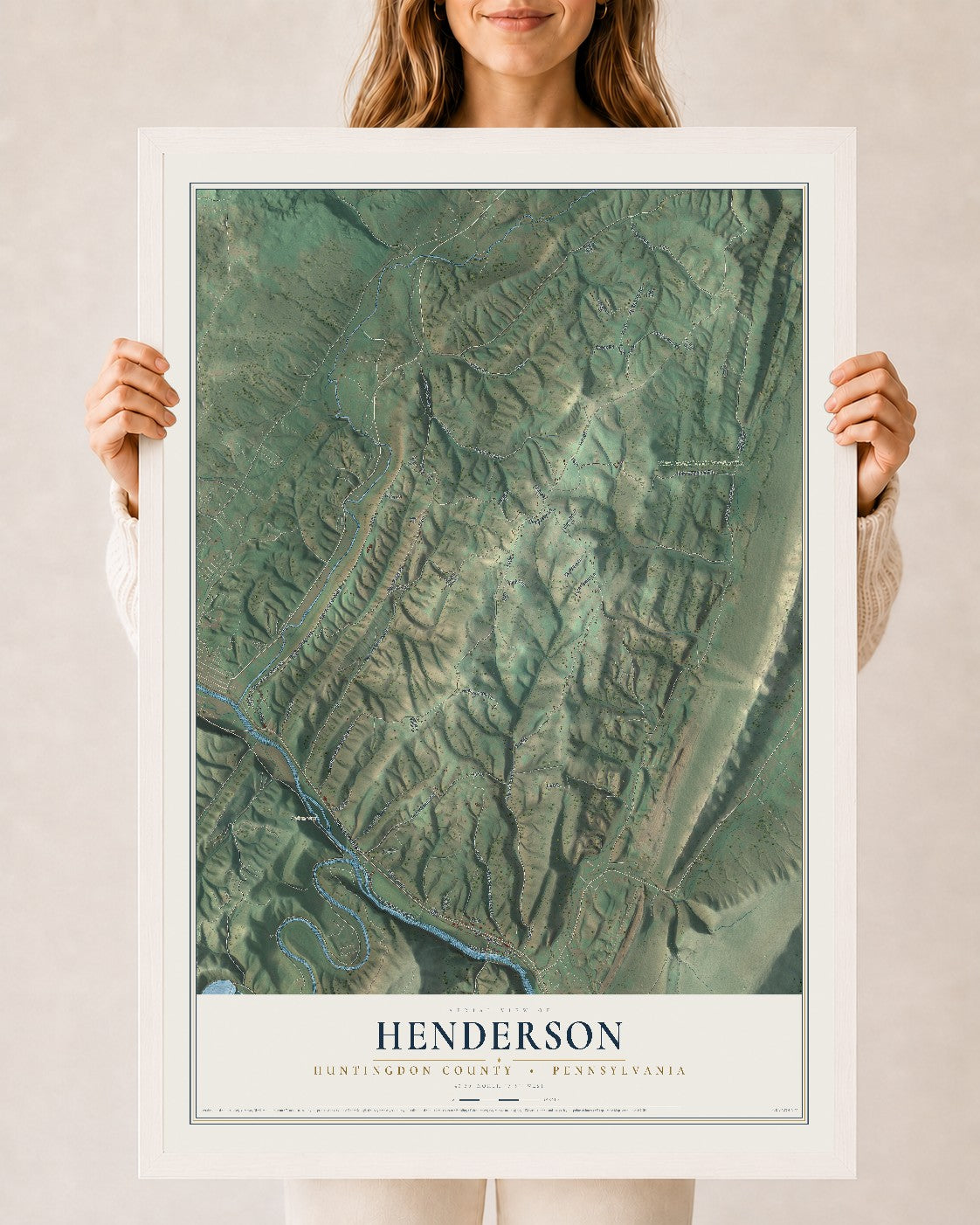 Map of Henderson, Huntingdon County, Pennsylvania, 24 x 36 inch print in a white wood frame