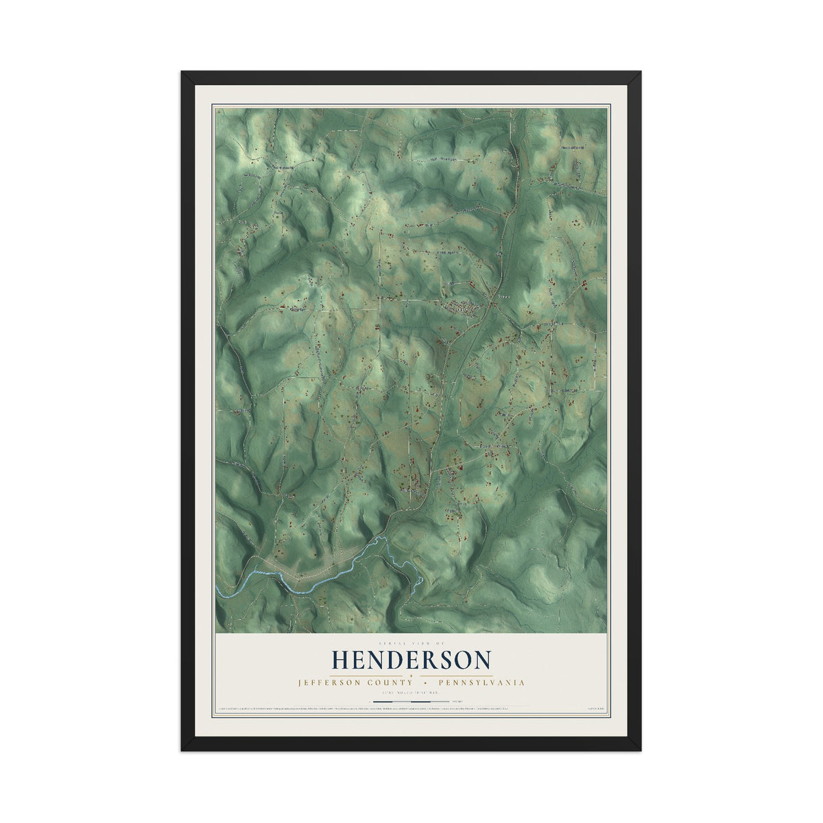 Map of Henderson, Jefferson County, Pennsylvania, 12 x 18 inch print in a black wood frame