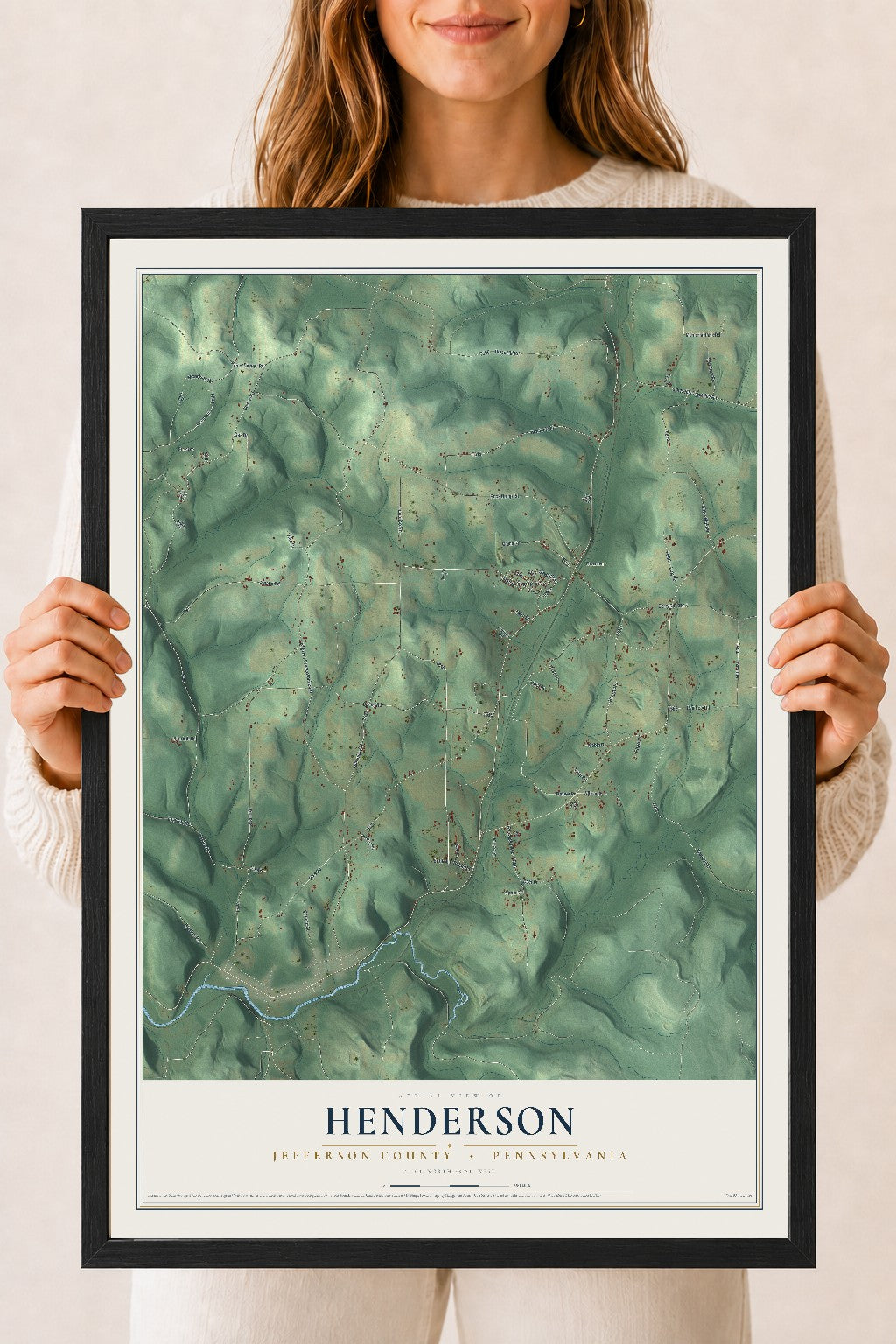 Map of Henderson, Jefferson County, Pennsylvania, 18 x 24 inch print in a black wood frame