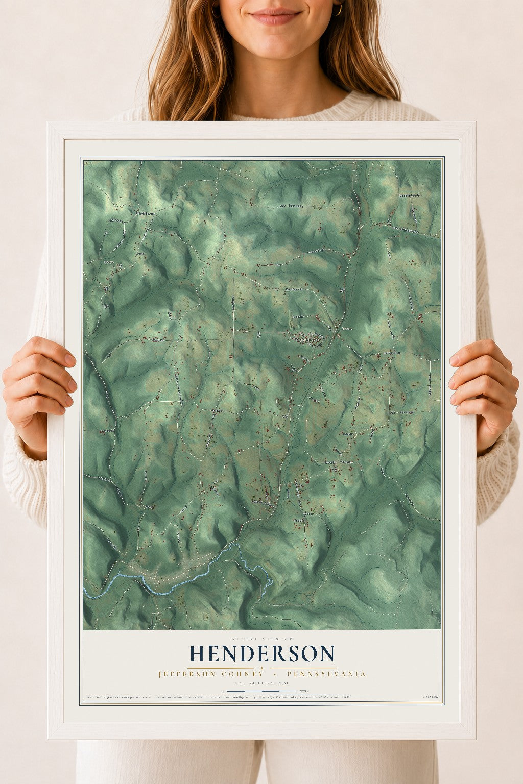 Map of Henderson, Jefferson County, Pennsylvania, 18 x 24 inch print in a white wood frame