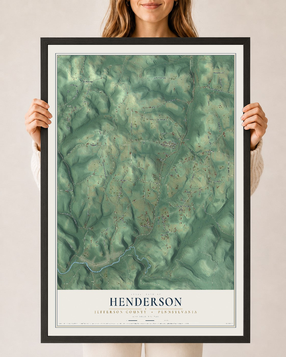 Map of Henderson, Jefferson County, Pennsylvania, 24 x 36 inch print in a black wood frame