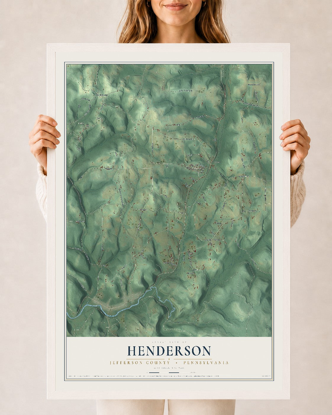 Map of Henderson, Jefferson County, Pennsylvania, 24 x 36 inch print in a white wood frame