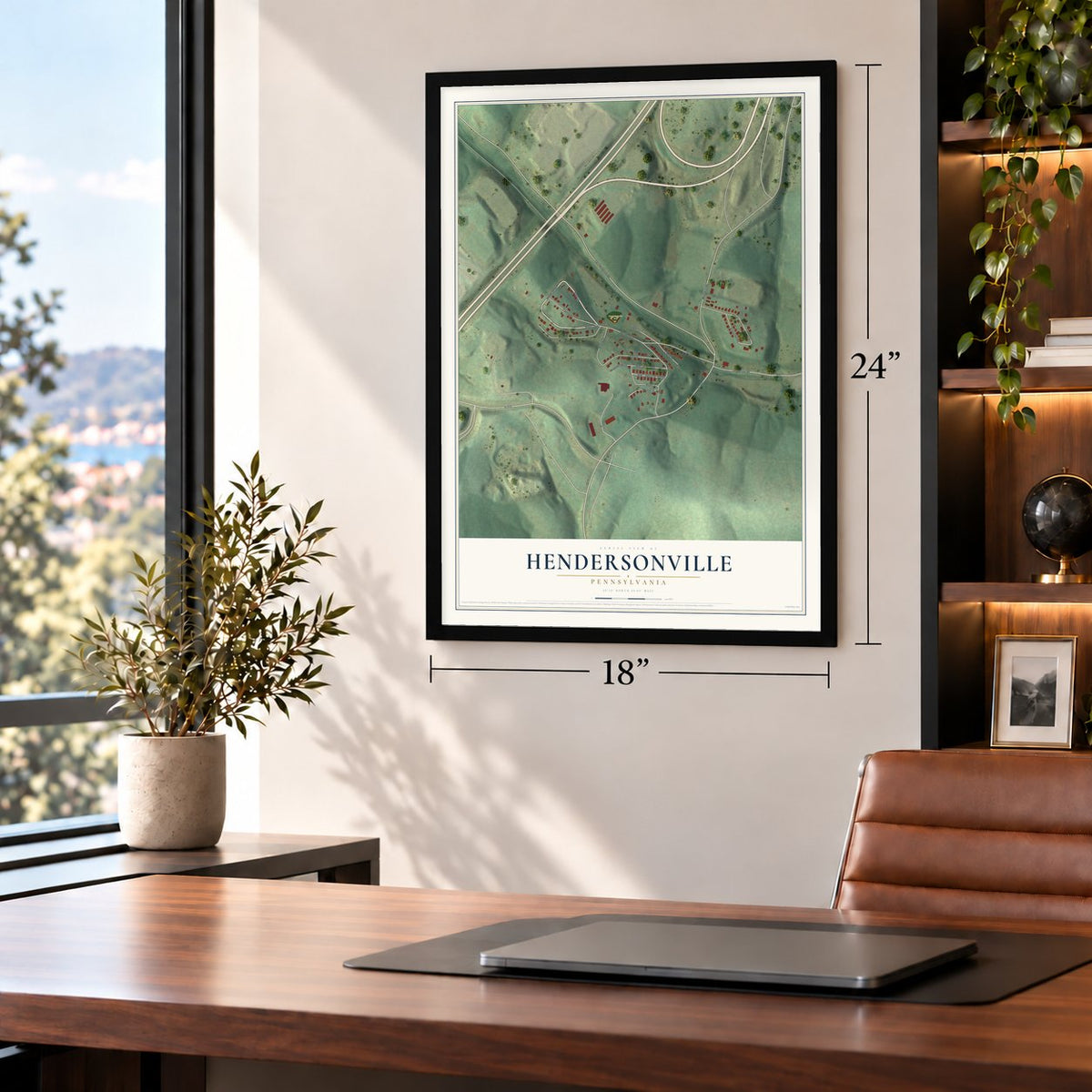 Hendersonville, Pennsylvania map, 18 x 24 inch print in a black frame in a home office