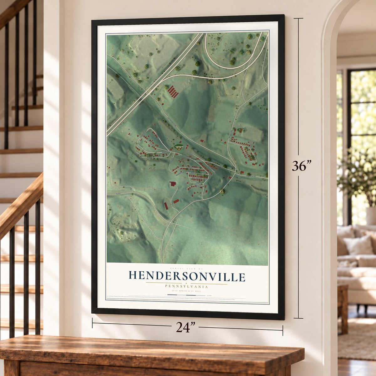 Hendersonville, Pennsylvania map, 24 x 36 inch print in a black frame by a staircase