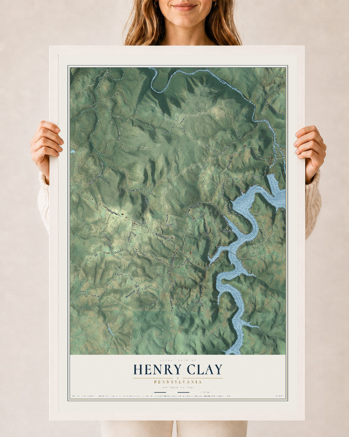 Map of Henry Clay, Pennsylvania, 24 x 36 inch print in a white wood frame