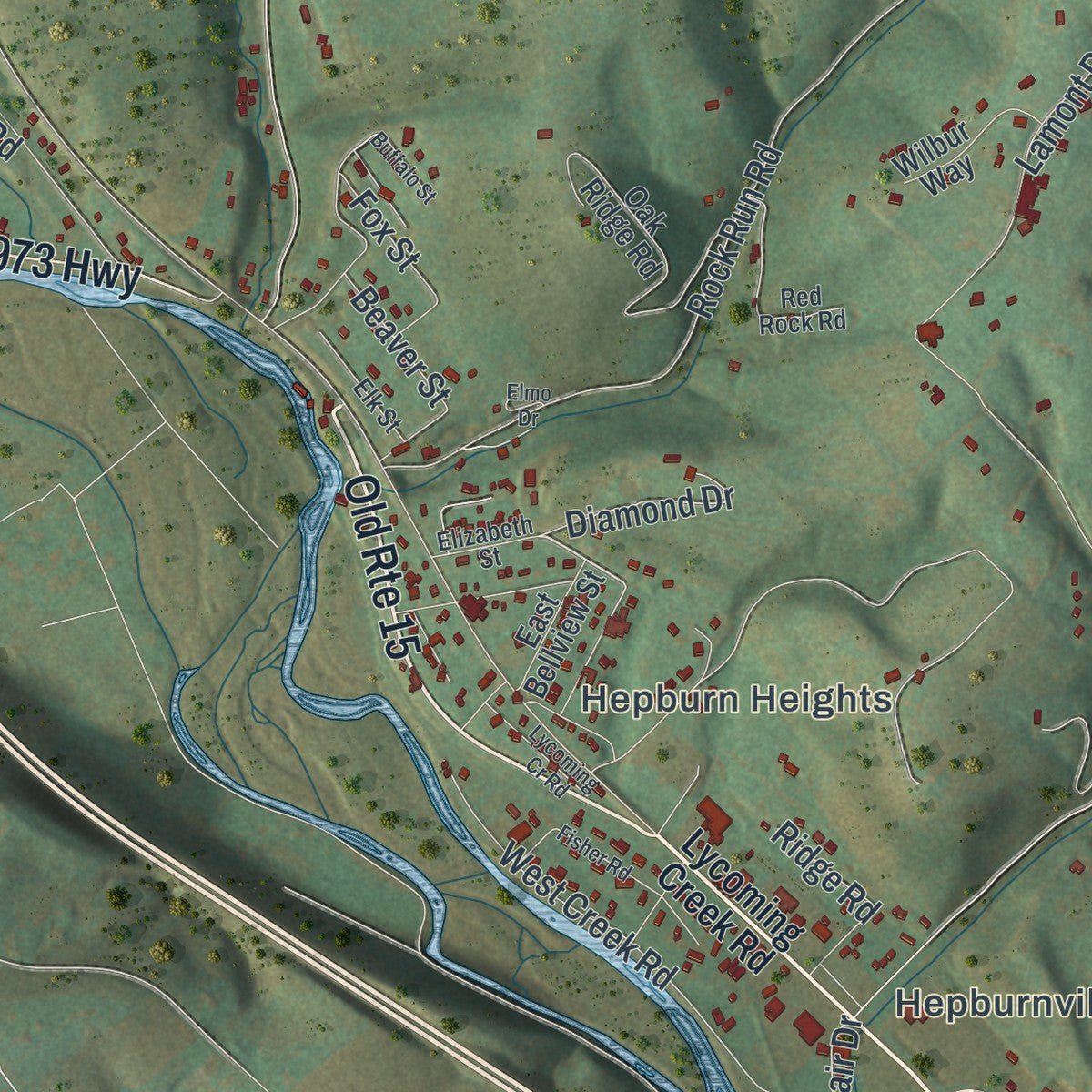 Close-up of the map of Hepburn, Pennsylvania print showing street and building detail