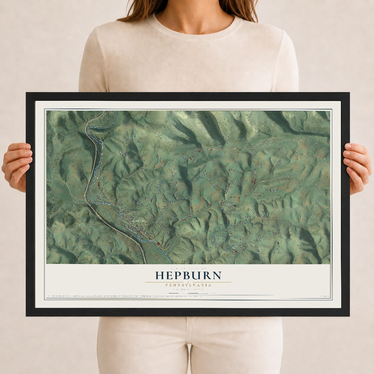 Map of Hepburn, Pennsylvania, 12 x 18 inch print in a black wood frame