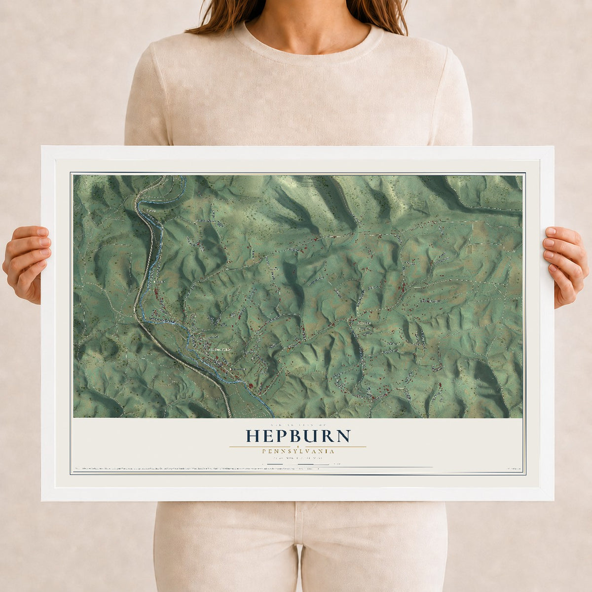 Map of Hepburn, Pennsylvania, 12 x 18 inch print in a white wood frame