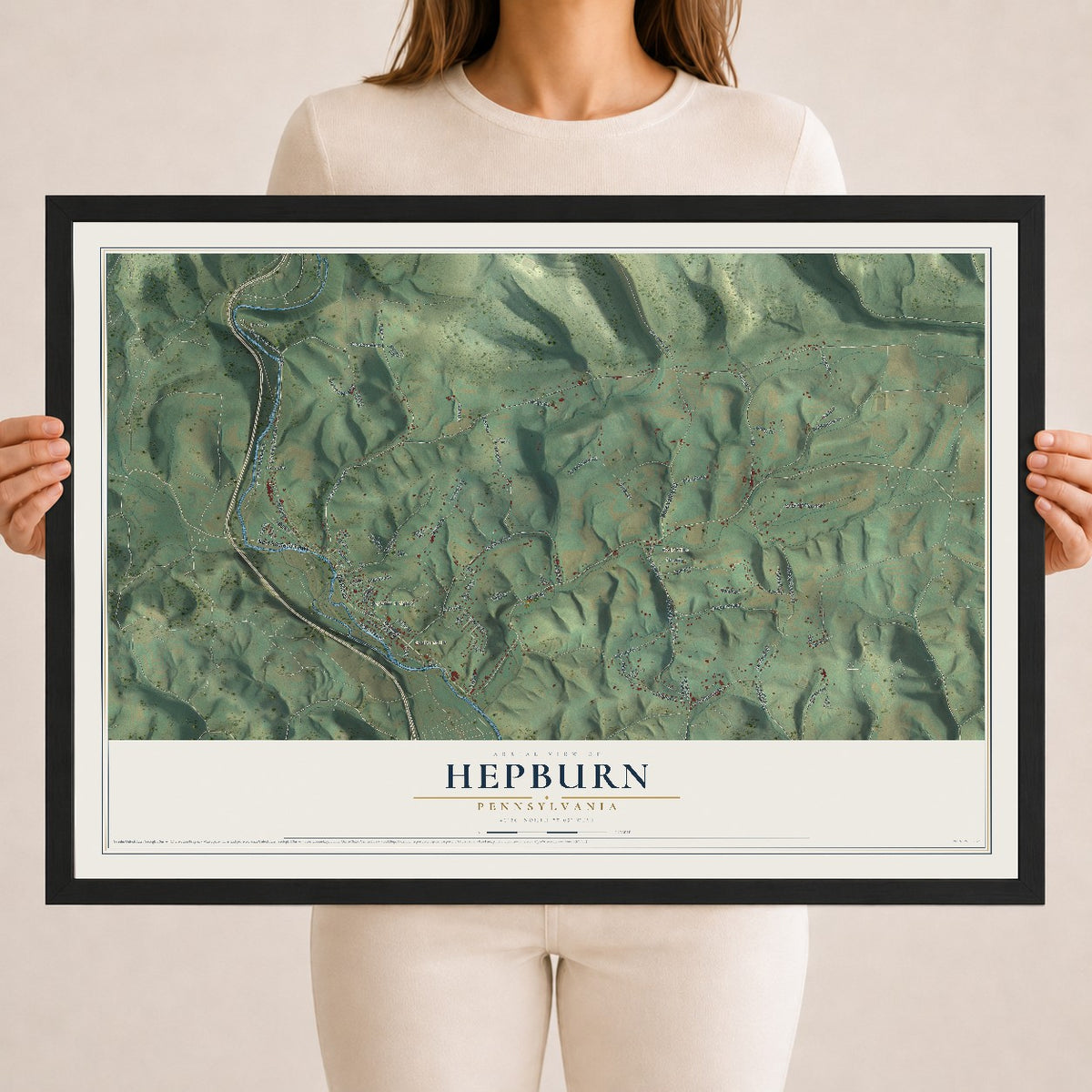 Map of Hepburn, Pennsylvania, 18 x 24 inch print in a black wood frame