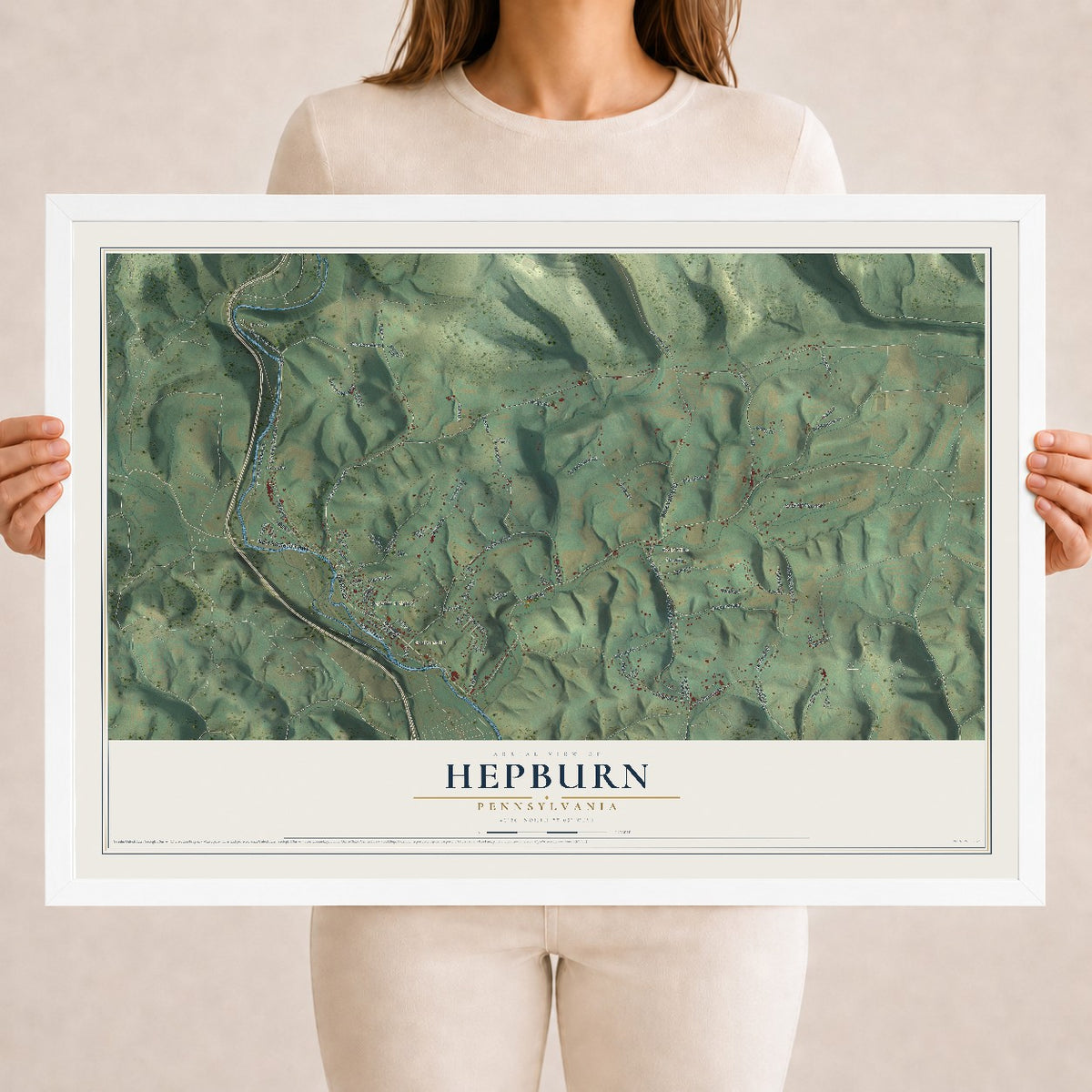 Map of Hepburn, Pennsylvania, 18 x 24 inch print in a white wood frame