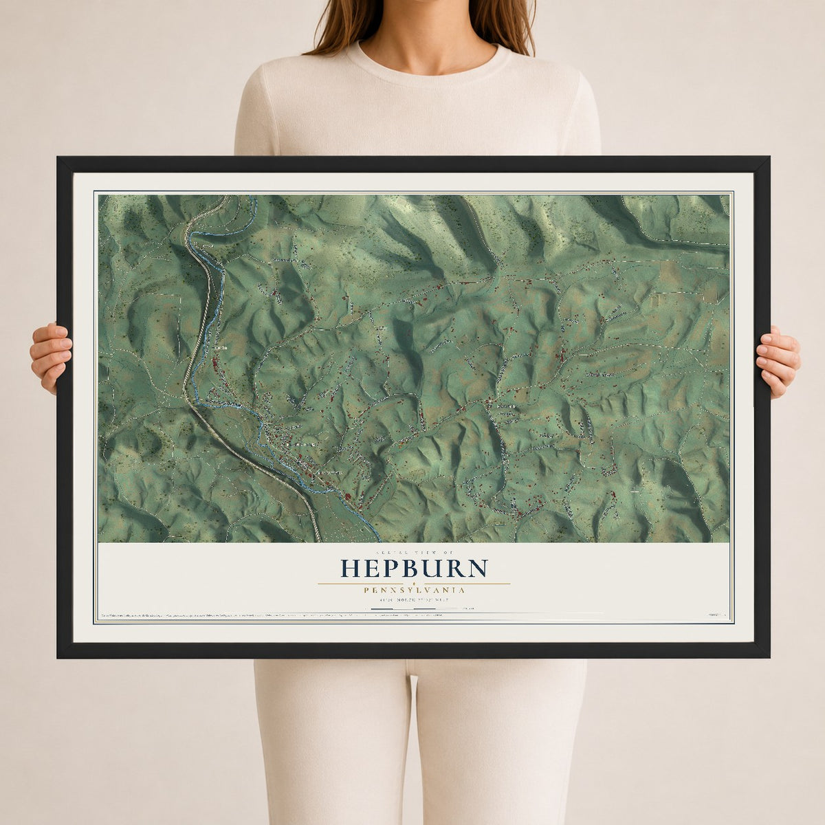Map of Hepburn, Pennsylvania, 24 x 36 inch print in a black wood frame