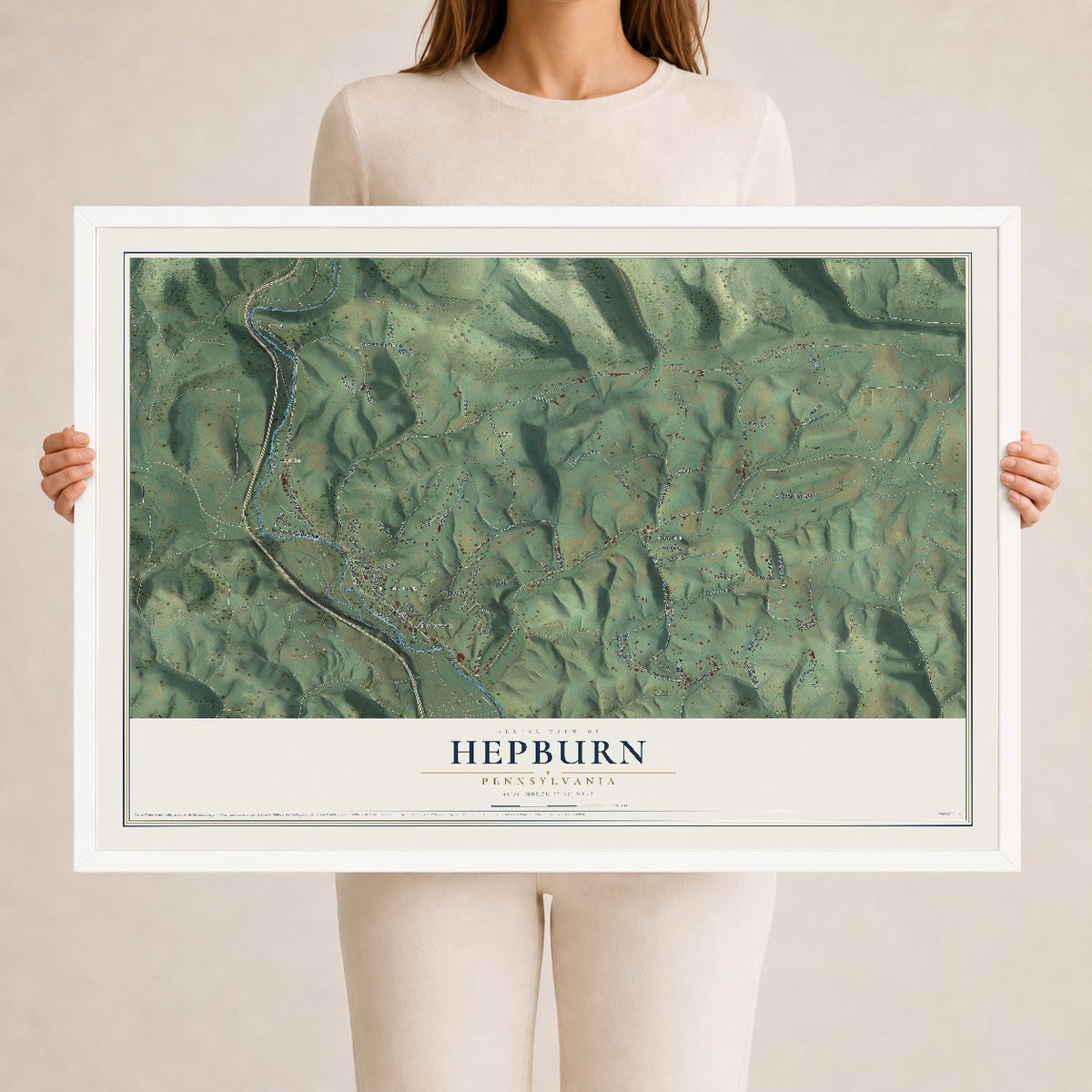 Map of Hepburn, Pennsylvania, 24 x 36 inch print in a white wood frame