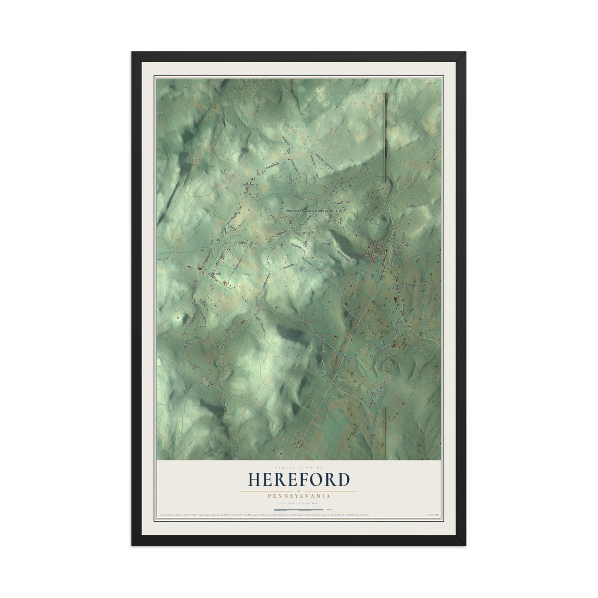 Map of Hereford, Pennsylvania, 12 x 18 inch print in a black wood frame