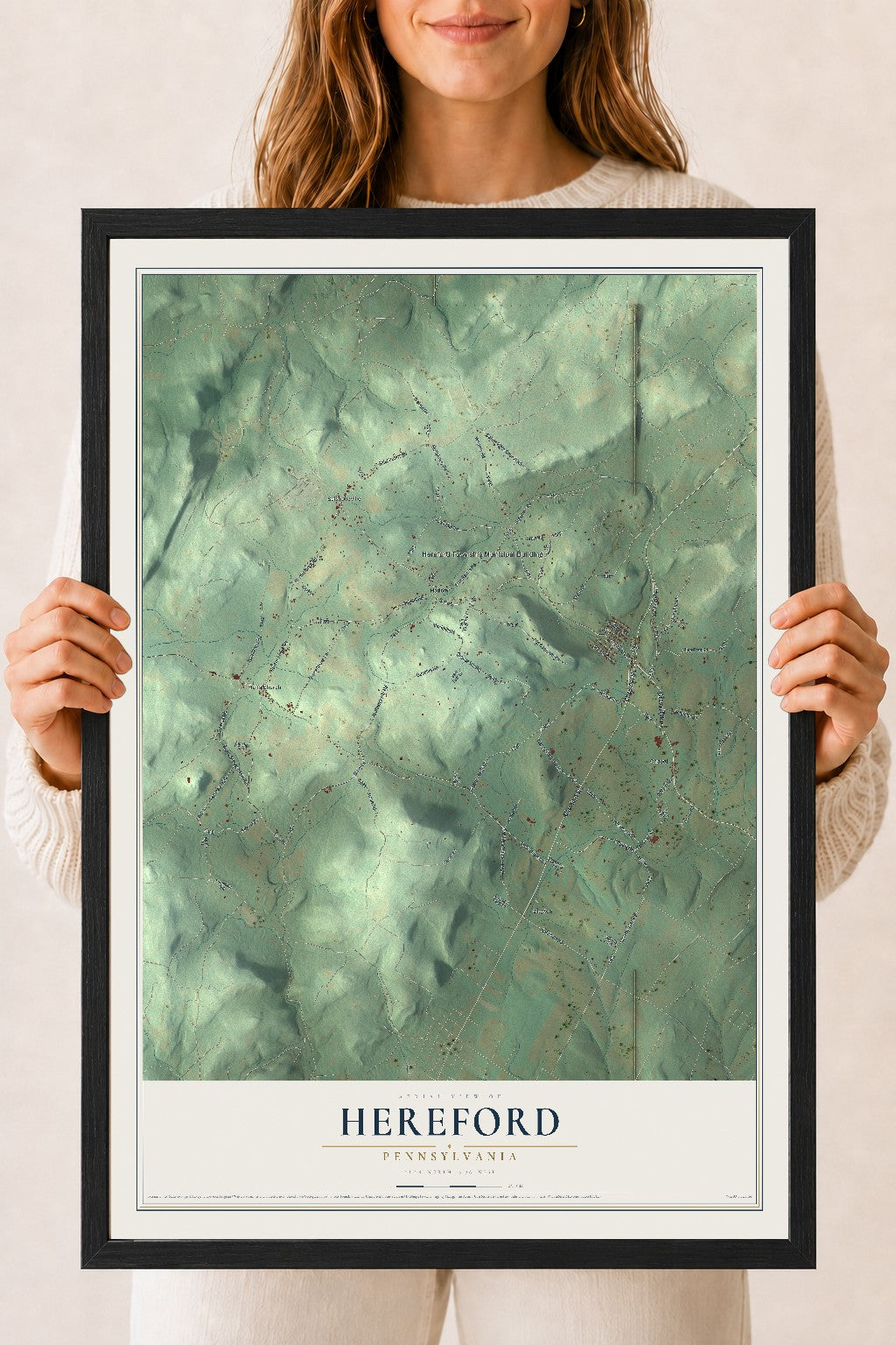 Map of Hereford, Pennsylvania, 18 x 24 inch print in a black wood frame