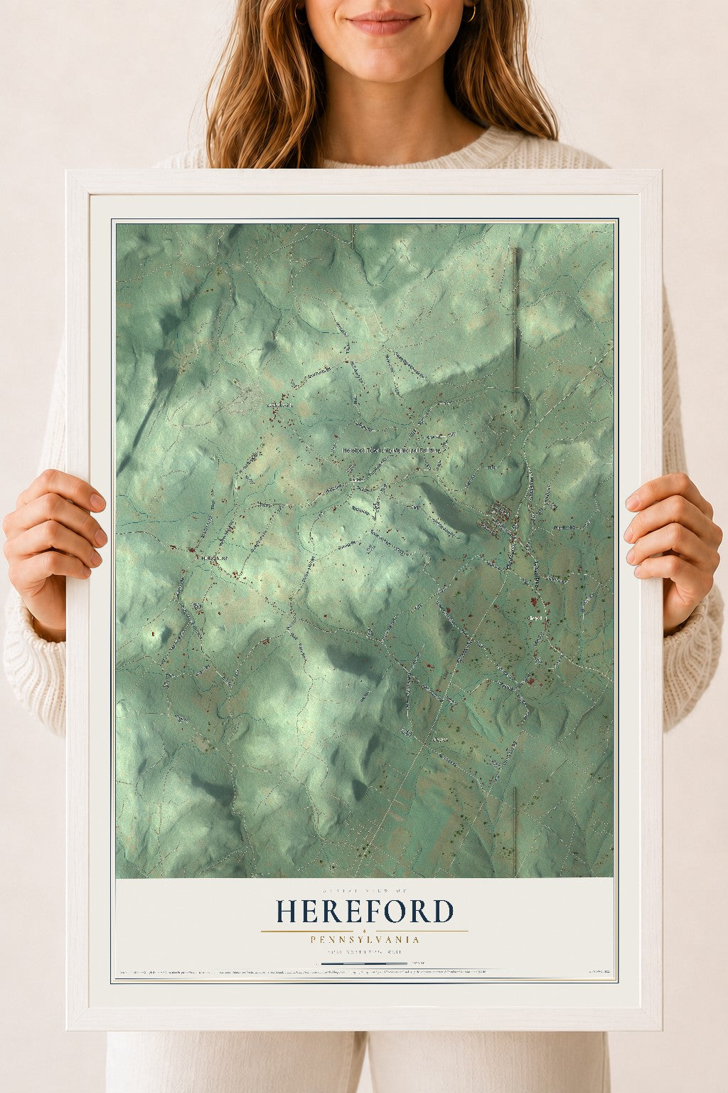 Map of Hereford, Pennsylvania, 18 x 24 inch print in a white wood frame
