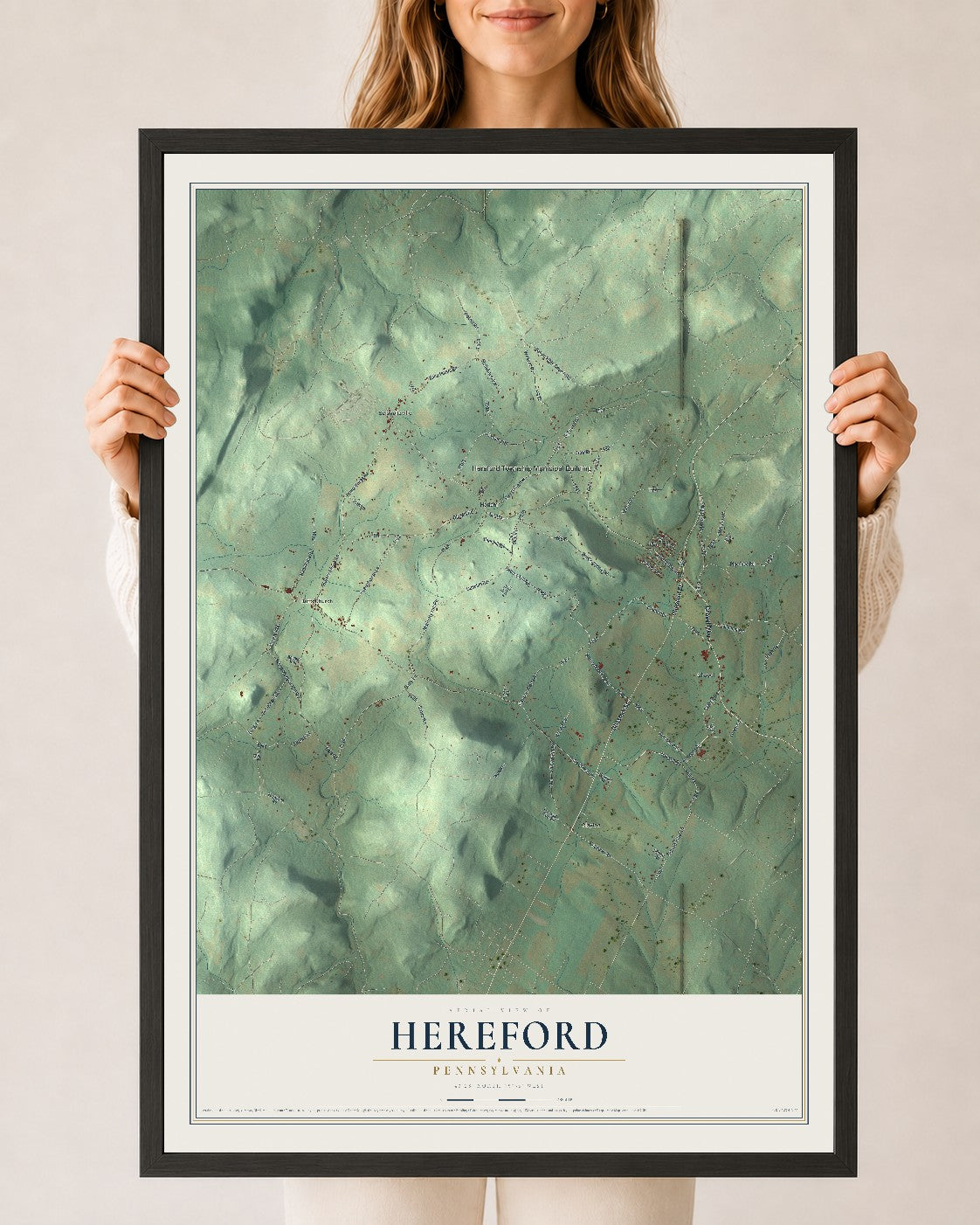Map of Hereford, Pennsylvania, 24 x 36 inch print in a black wood frame