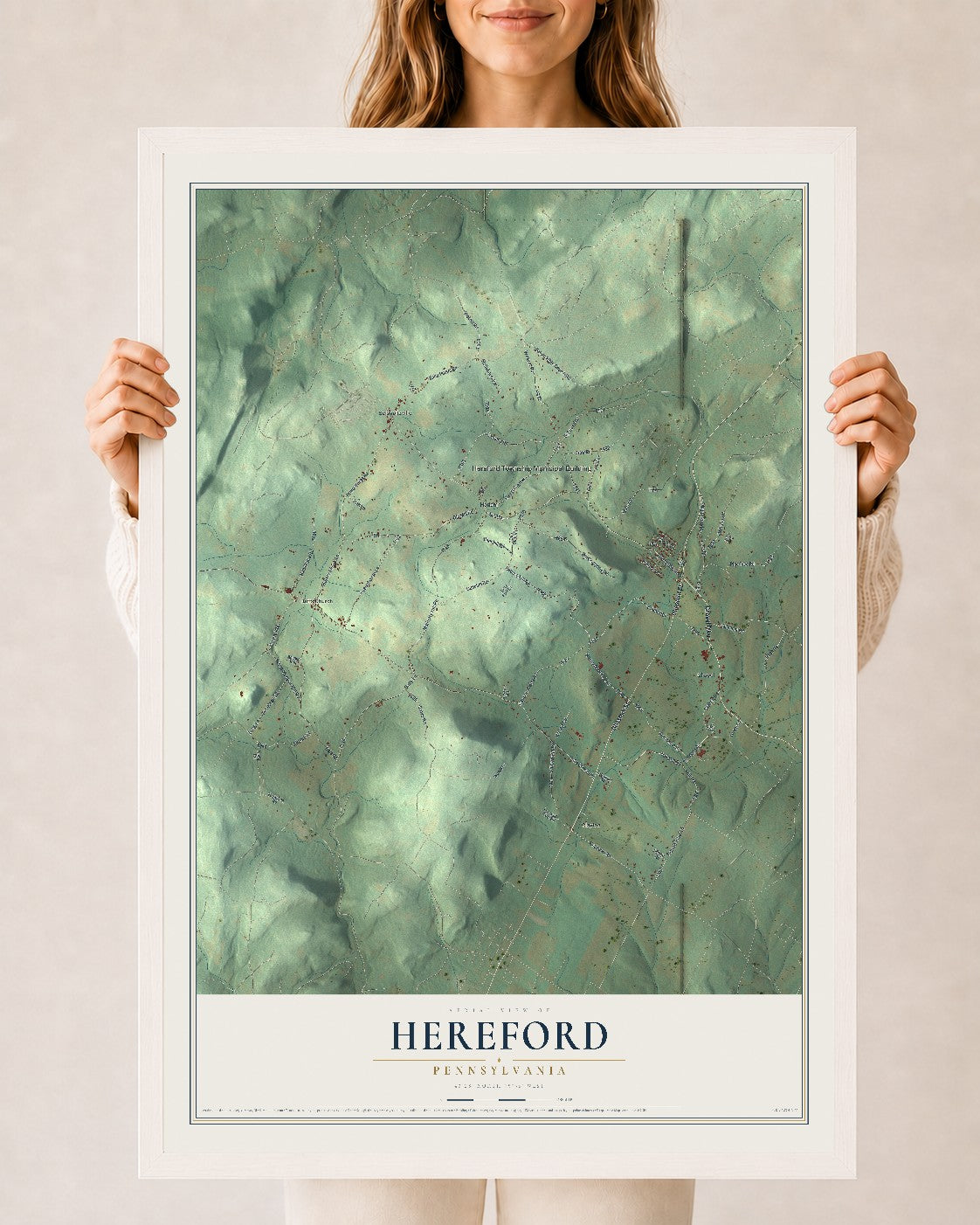 Map of Hereford, Pennsylvania, 24 x 36 inch print in a white wood frame