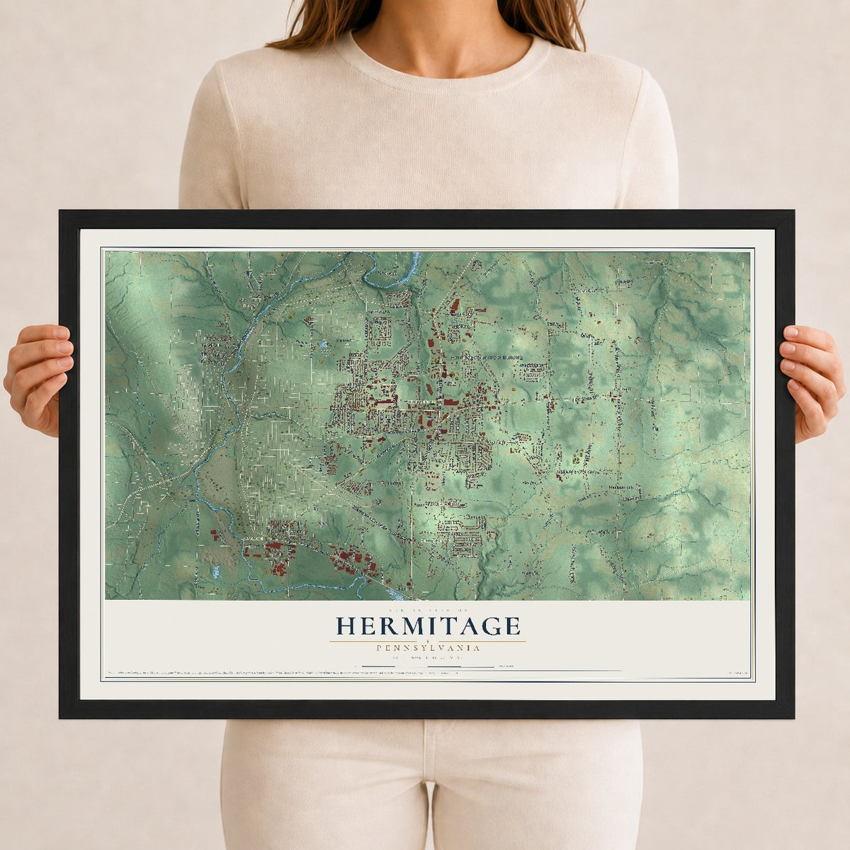 Map of Hermitage, Pennsylvania, 12 x 18 inch print in a black wood frame