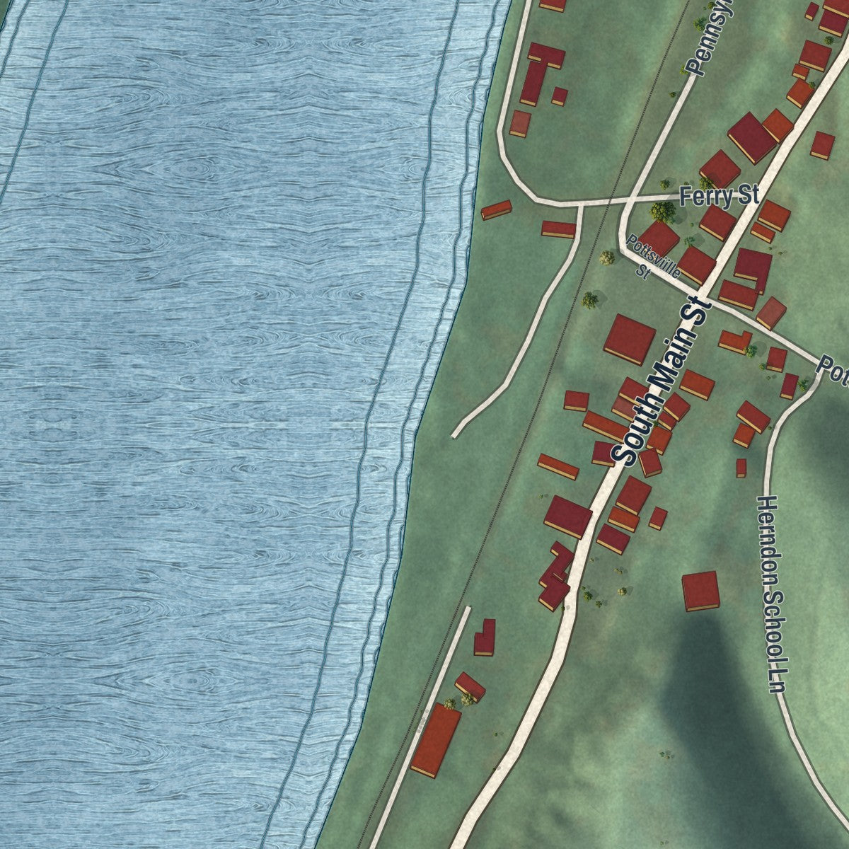 Second close-up of the map of Herndon, Pennsylvania print showing more streets and buildings
