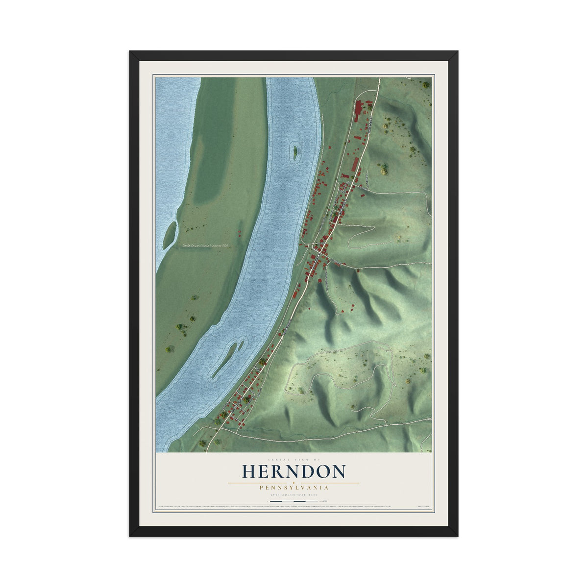 Map of Herndon, Pennsylvania, 12 x 18 inch print in a black wood frame