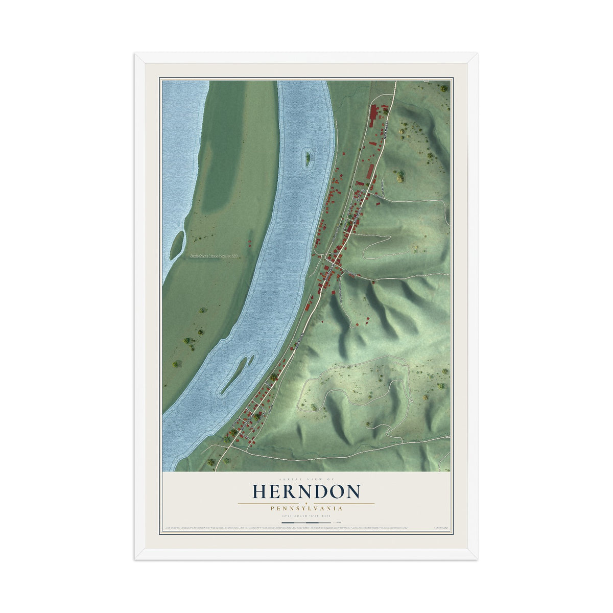Map of Herndon, Pennsylvania, 12 x 18 inch print in a white wood frame