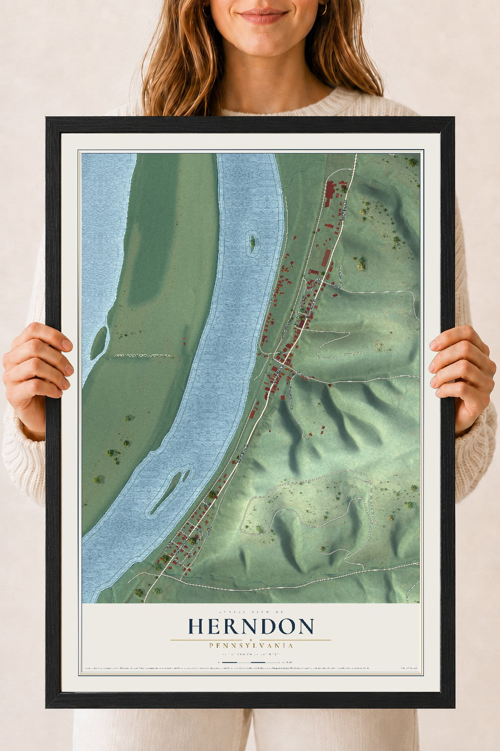 Map of Herndon, Pennsylvania, 18 x 24 inch print in a black wood frame