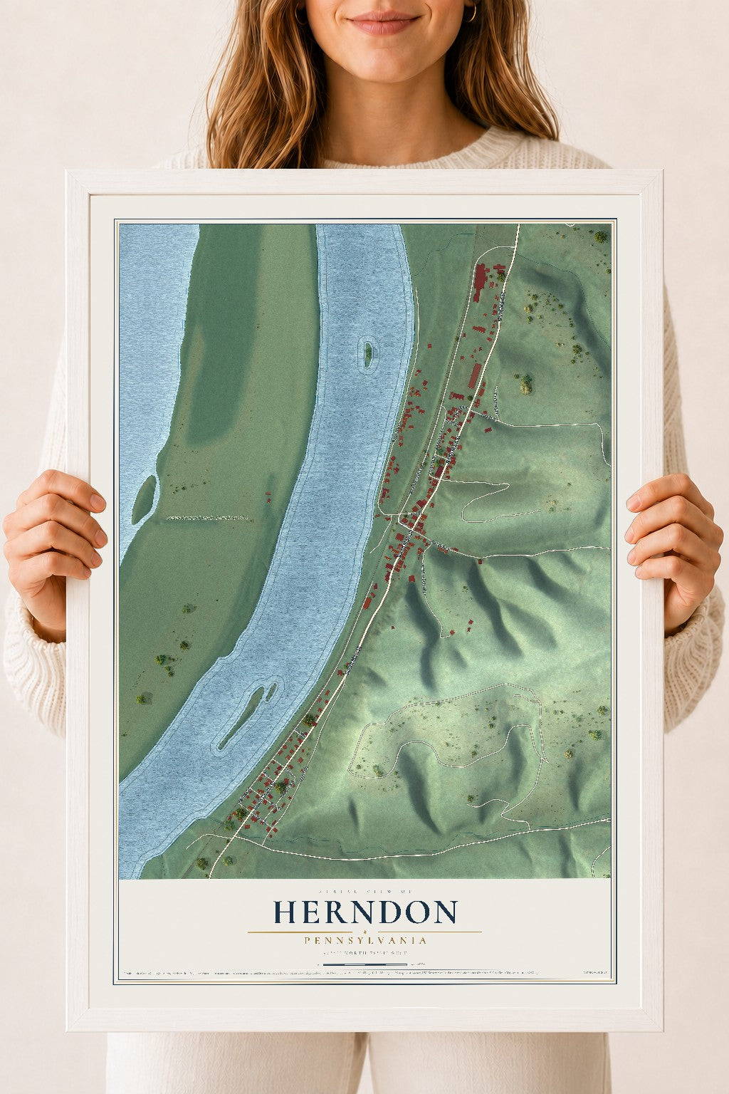Map of Herndon, Pennsylvania, 18 x 24 inch print in a white wood frame