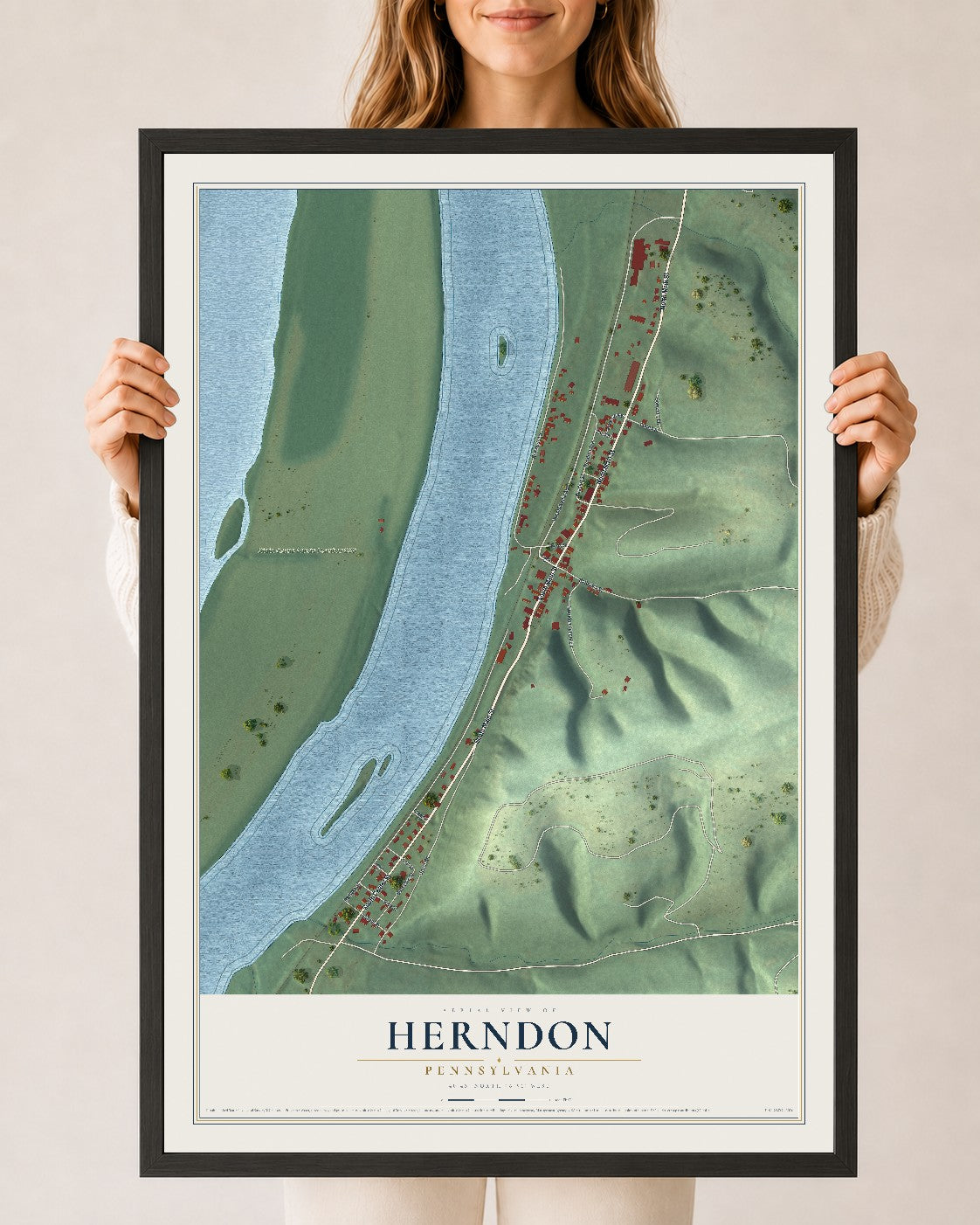Map of Herndon, Pennsylvania, 24 x 36 inch print in a black wood frame