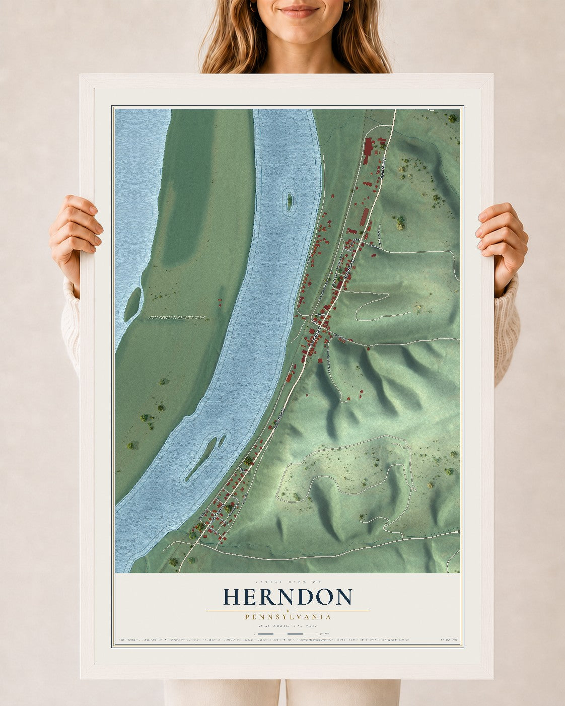 Map of Herndon, Pennsylvania, 24 x 36 inch print in a white wood frame