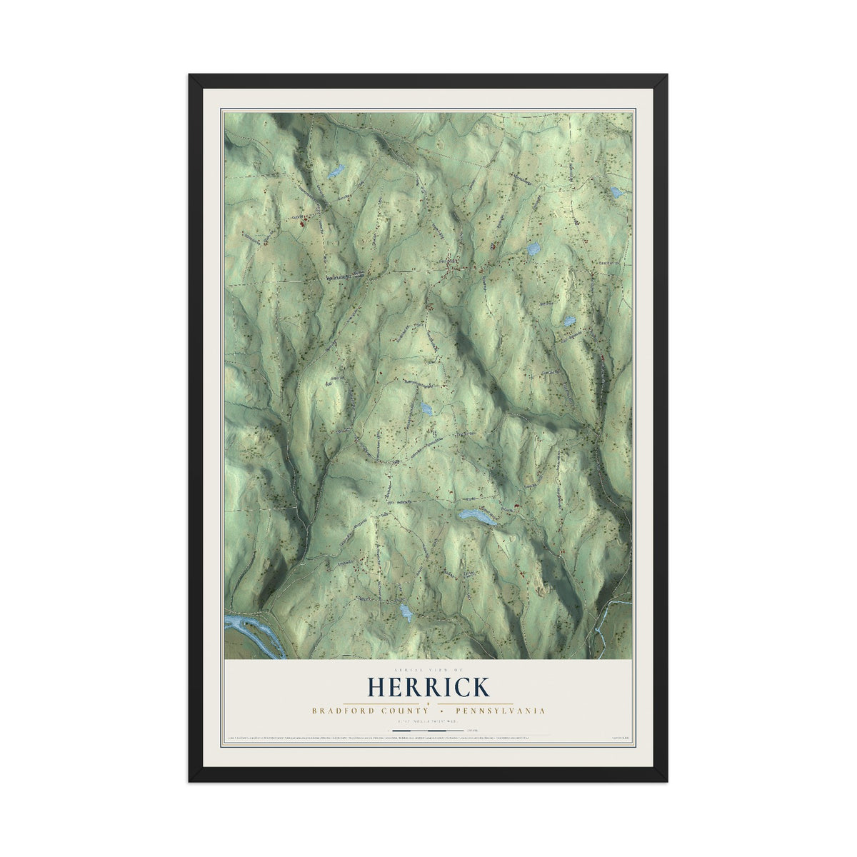Map of Herrick, Bradford County, Pennsylvania, 12 x 18 inch print in a black wood frame