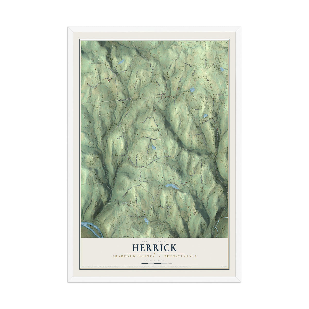 Map of Herrick, Bradford County, Pennsylvania, 12 x 18 inch print in a white wood frame