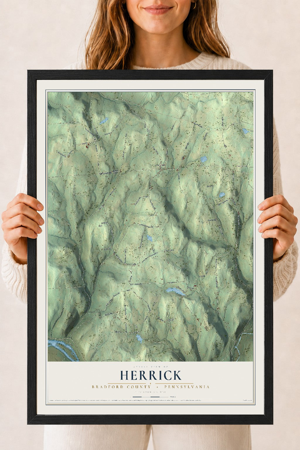 Map of Herrick, Bradford County, Pennsylvania, 18 x 24 inch print in a black wood frame