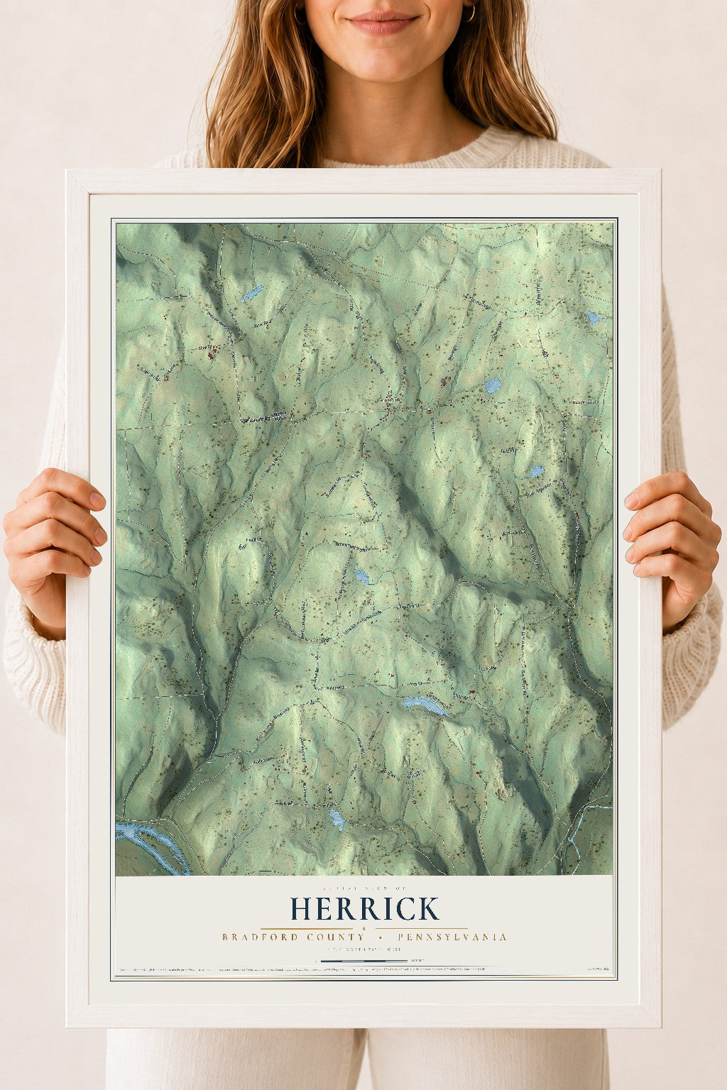 Map of Herrick, Bradford County, Pennsylvania, 18 x 24 inch print in a white wood frame
