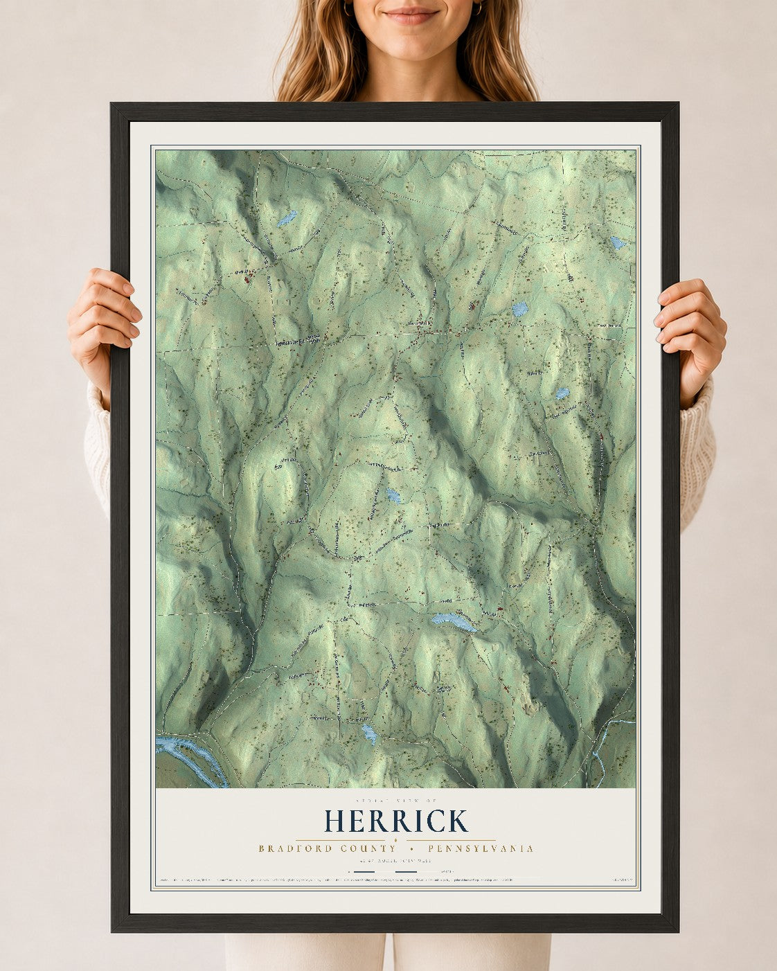 Map of Herrick, Bradford County, Pennsylvania, 24 x 36 inch print in a black wood frame