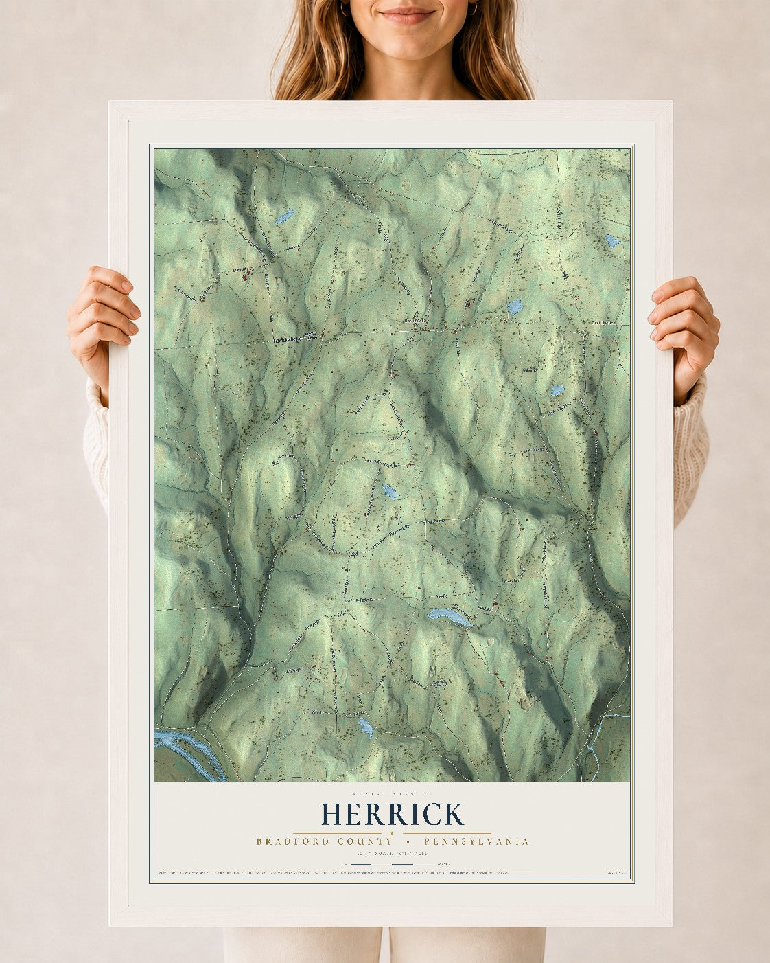 Map of Herrick, Bradford County, Pennsylvania, 24 x 36 inch print in a white wood frame