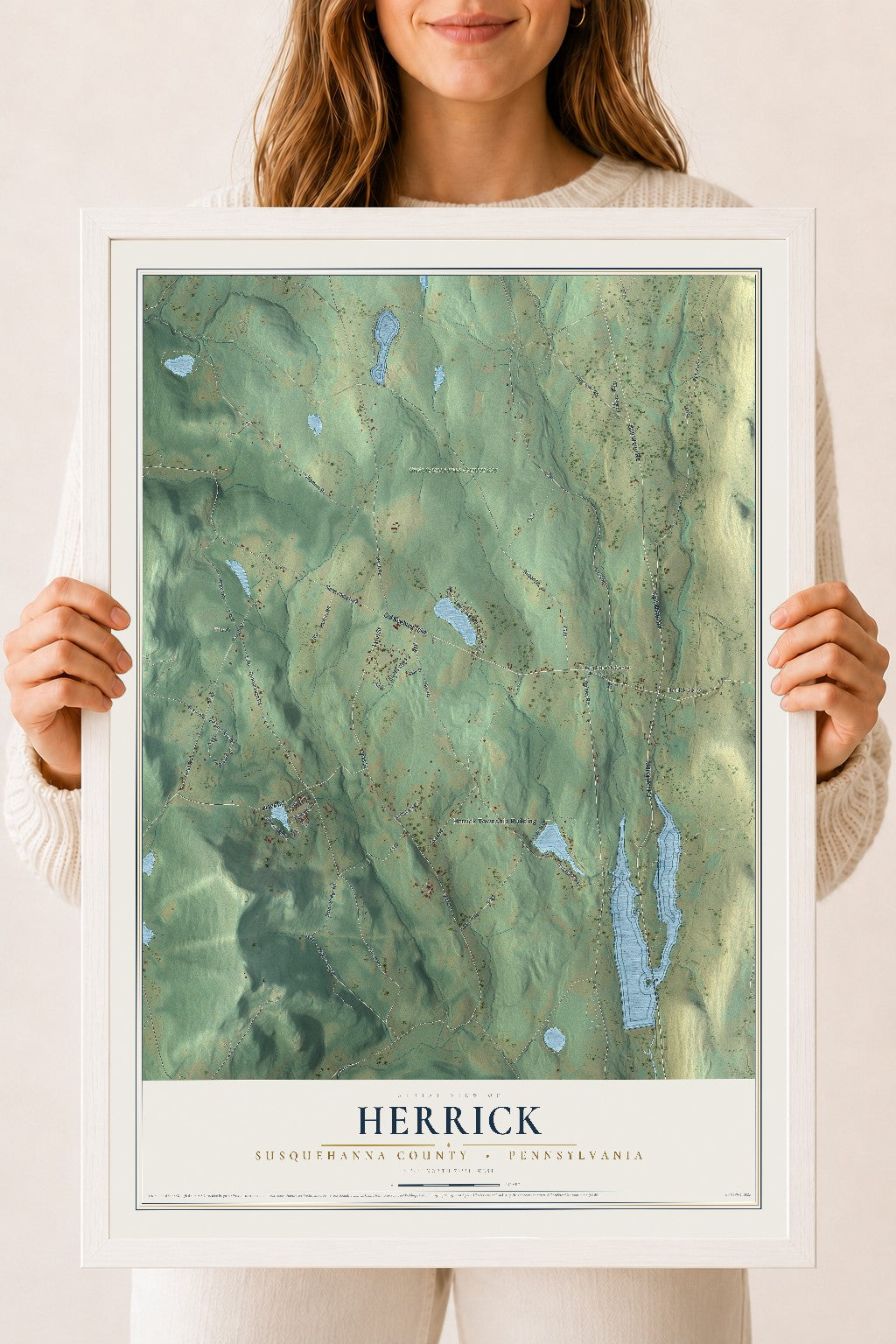 Map of Herrick, Susquehanna County, Pennsylvania, 18 x 24 inch print in a white wood frame