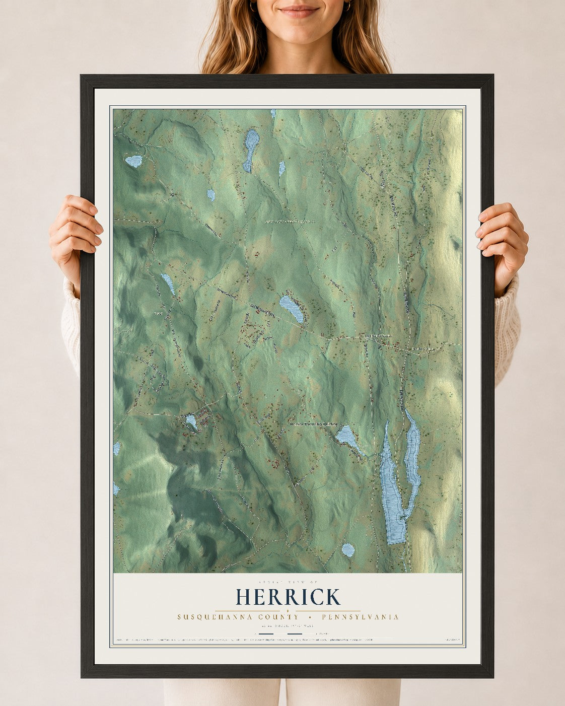 Map of Herrick, Susquehanna County, Pennsylvania, 24 x 36 inch print in a black wood frame