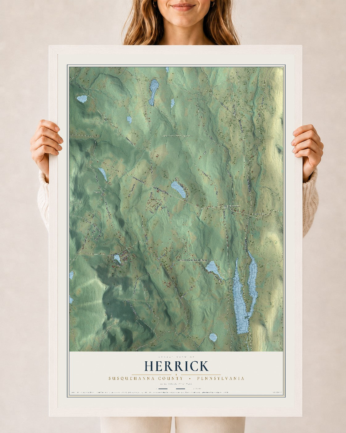Map of Herrick, Susquehanna County, Pennsylvania, 24 x 36 inch print in a white wood frame