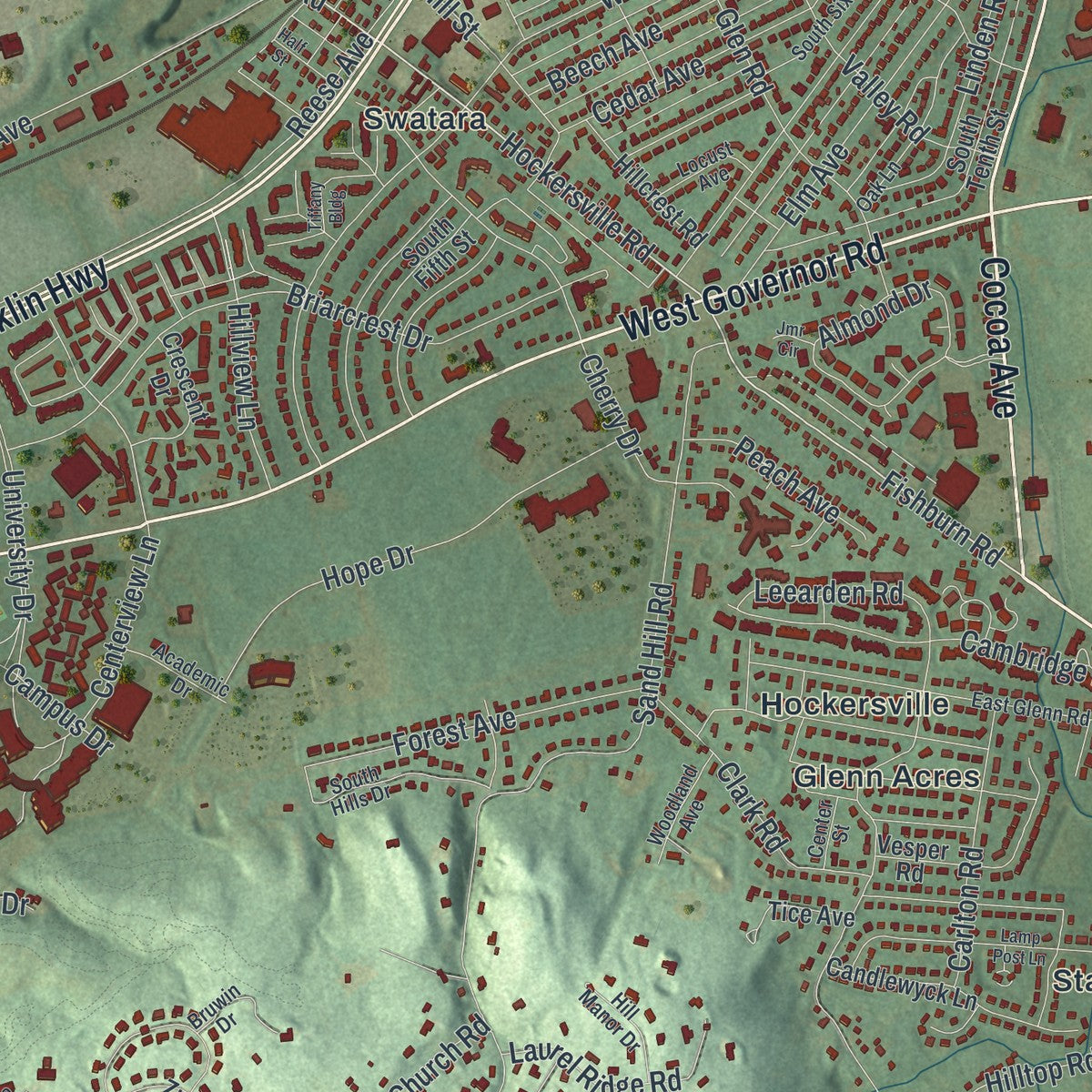 Close-up of the map of Hershey, Pennsylvania print showing street and building detail