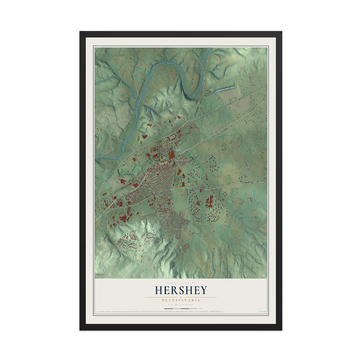 Map of Hershey, Pennsylvania, 12 x 18 inch print in a black wood frame