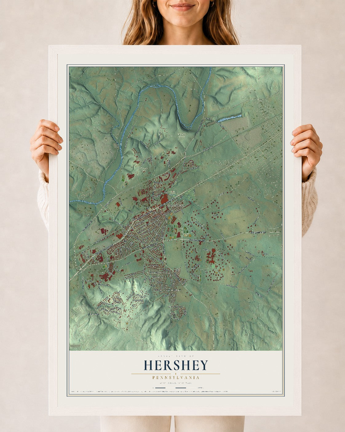 Map of Hershey, Pennsylvania, 24 x 36 inch print in a white wood frame