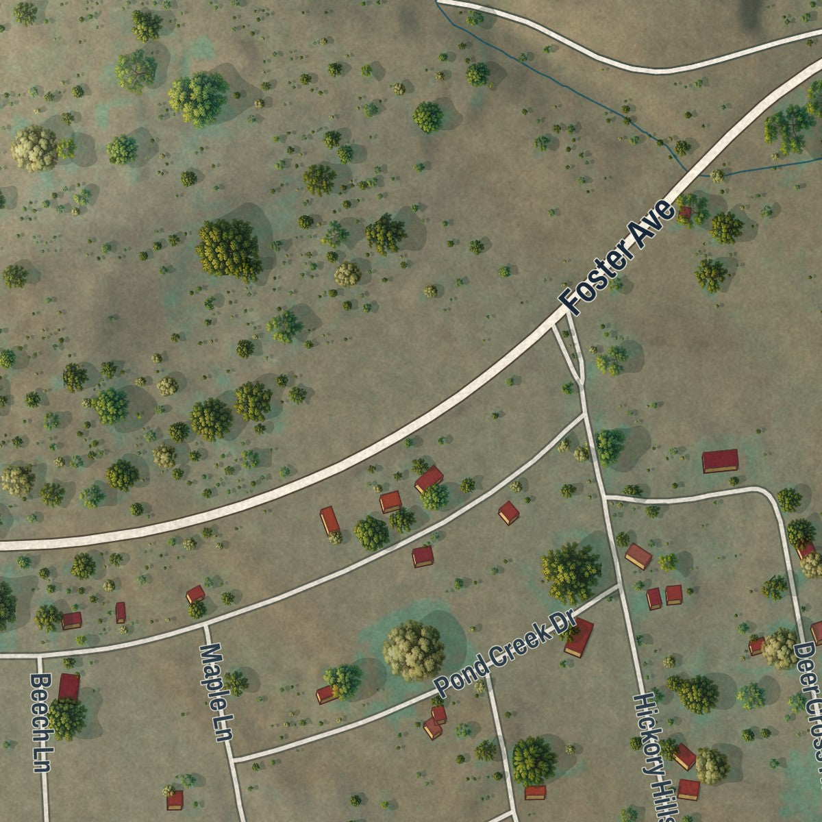 Close-up of the map of Hickory Hills, Pennsylvania print showing street and building detail