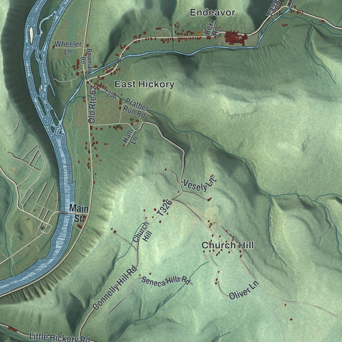 Close-up of the map of Hickory, Forest County, Pennsylvania print showing street and building detail