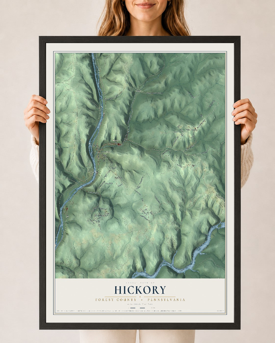 Map of Hickory, Forest County, Pennsylvania, 24 x 36 inch print in a black wood frame