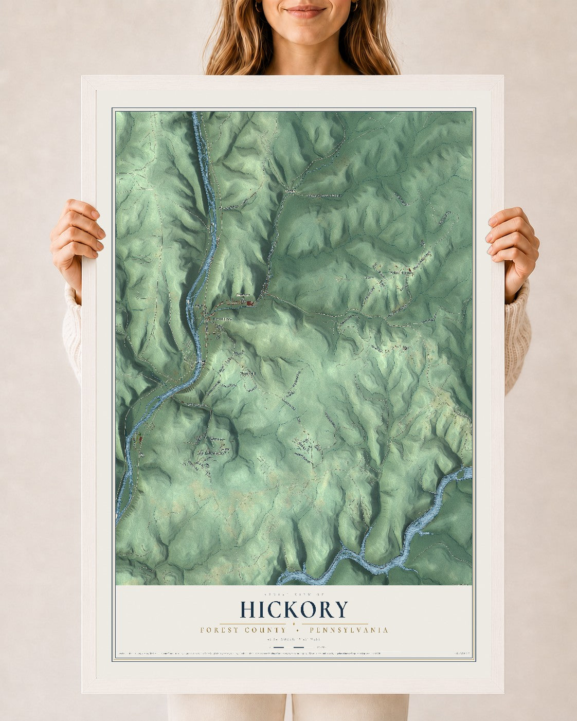 Map of Hickory, Forest County, Pennsylvania, 24 x 36 inch print in a white wood frame