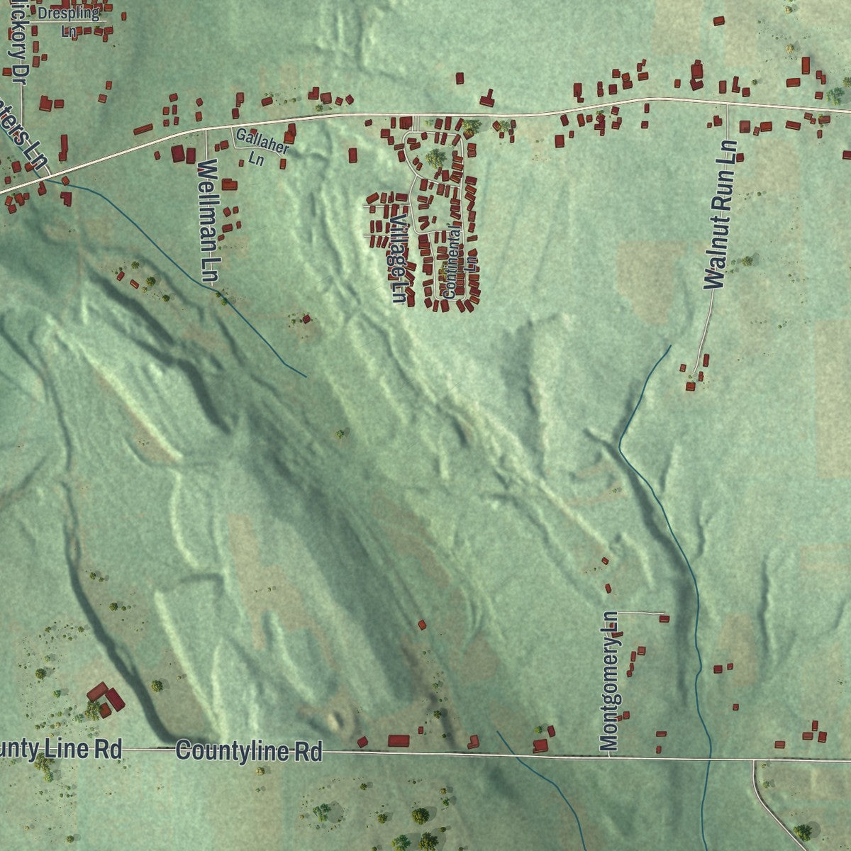 Second close-up of the map of Hickory, Lawrence County, Pennsylvania print showing more streets and buildings