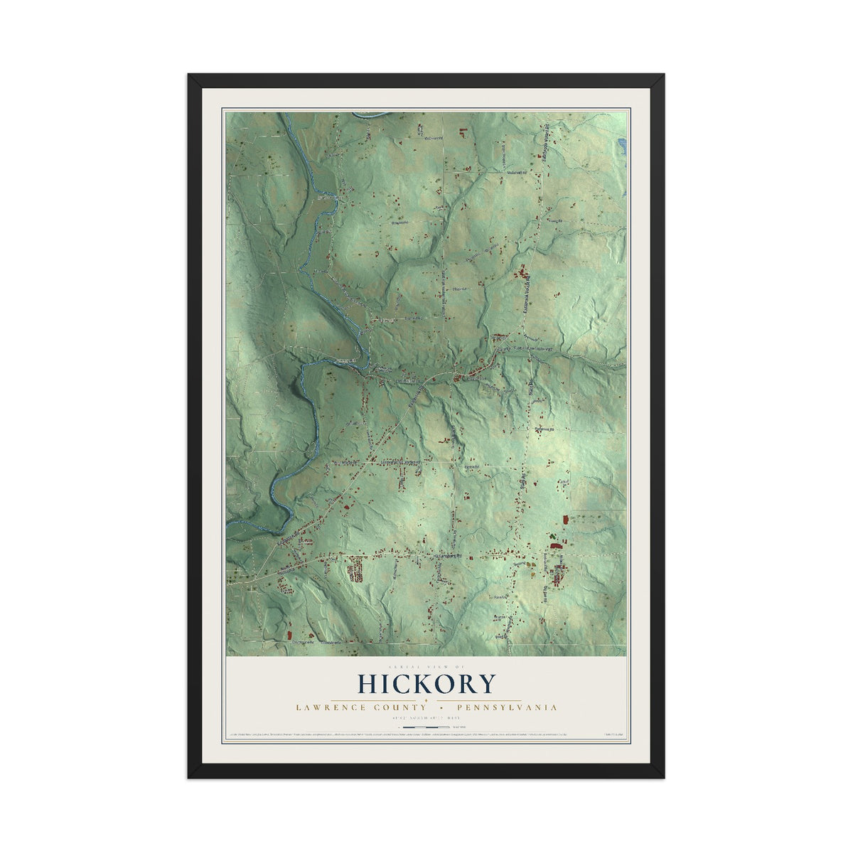 Map of Hickory, Lawrence County, Pennsylvania, 12 x 18 inch print in a black wood frame