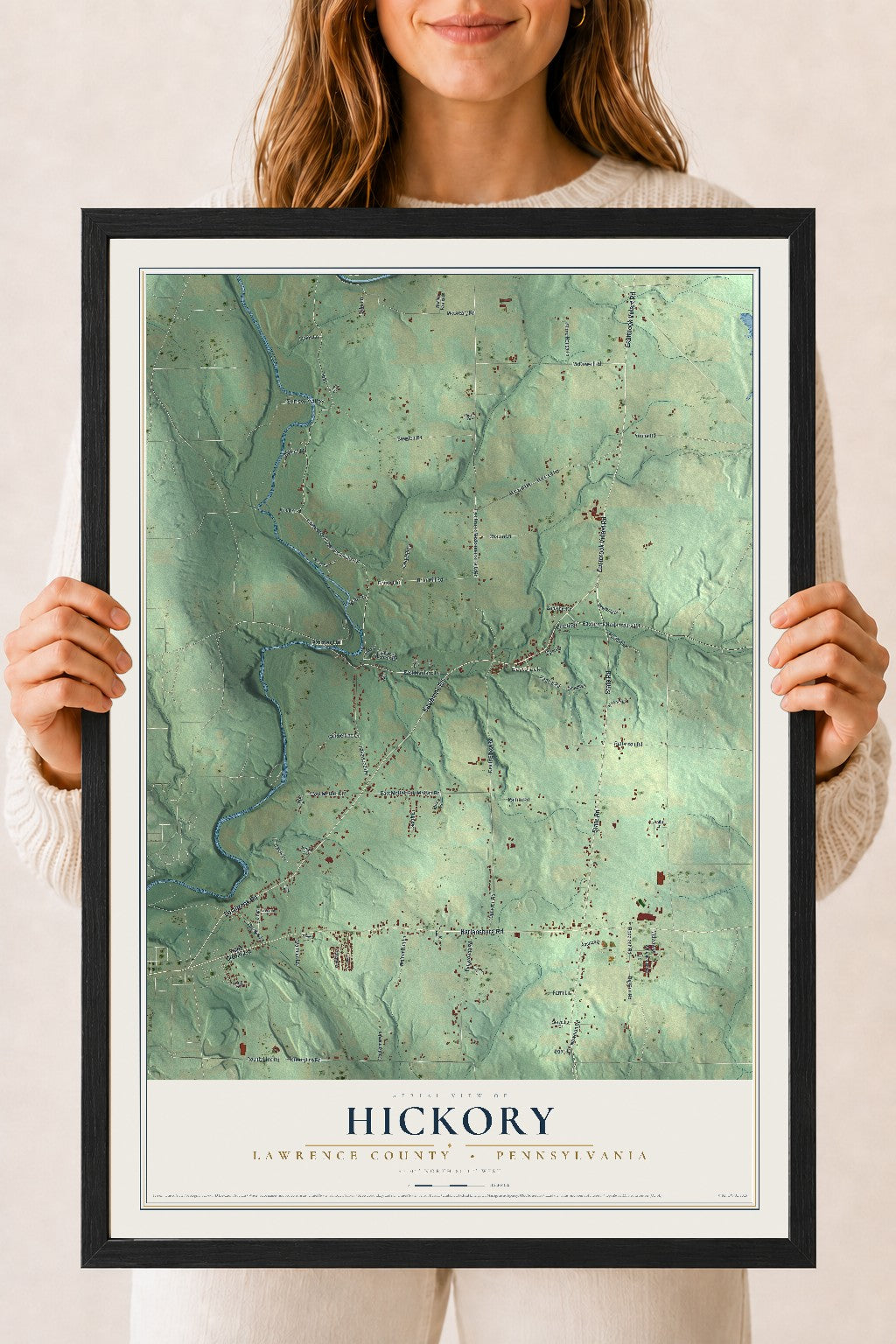 Map of Hickory, Lawrence County, Pennsylvania, 18 x 24 inch print in a black wood frame