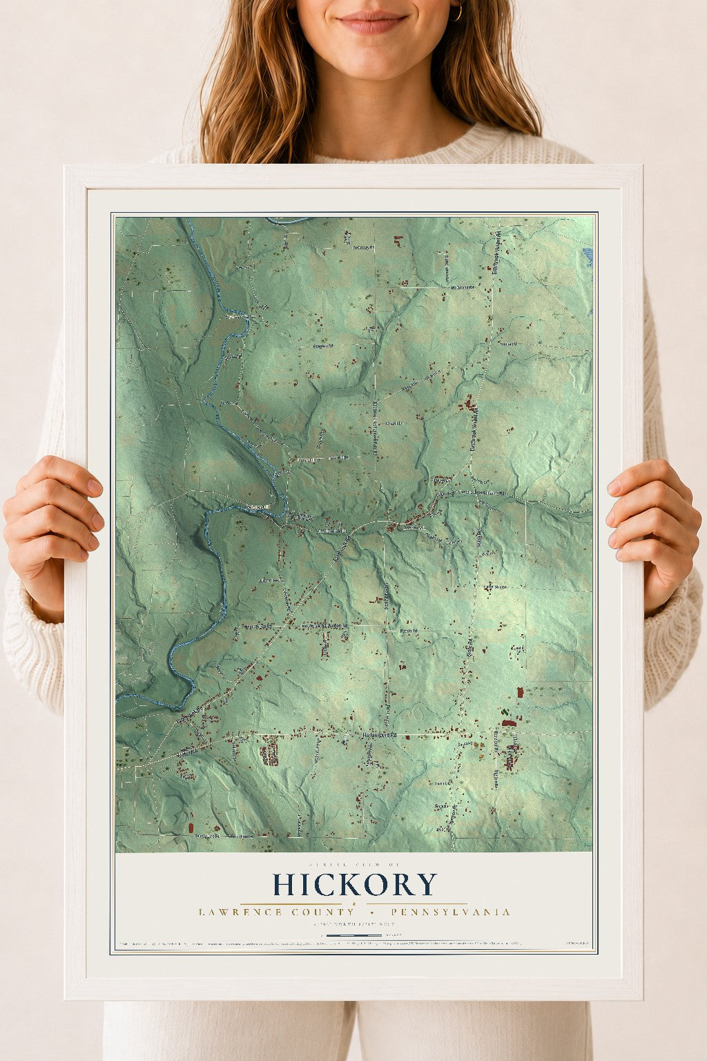 Map of Hickory, Lawrence County, Pennsylvania, 18 x 24 inch print in a white wood frame