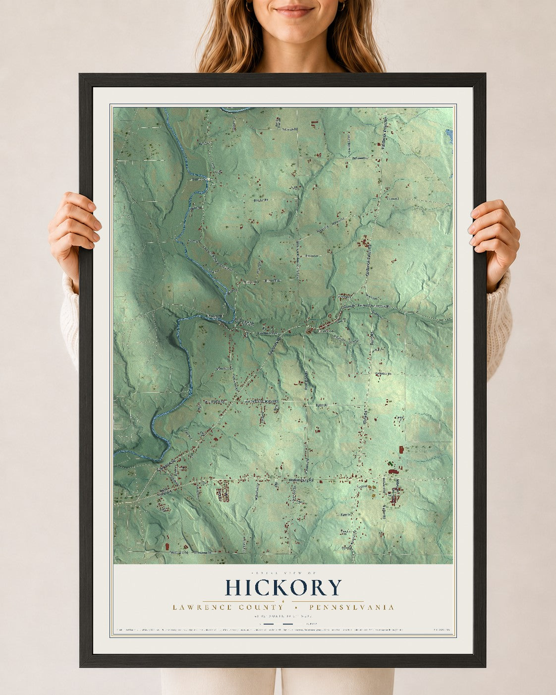 Map of Hickory, Lawrence County, Pennsylvania, 24 x 36 inch print in a black wood frame